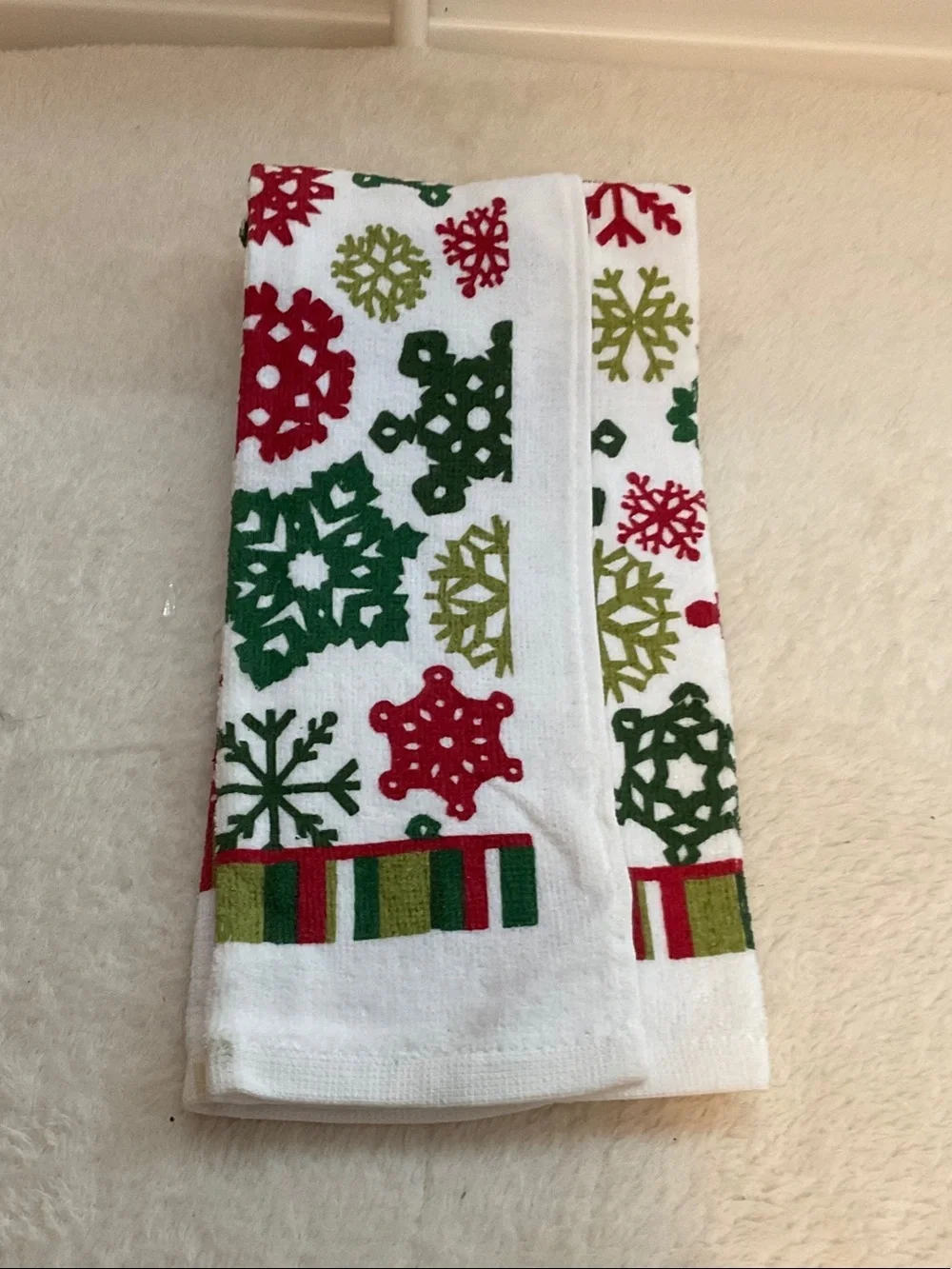 FRIENDS Holiday Snowflake Kitchen Towel in Red Green and White